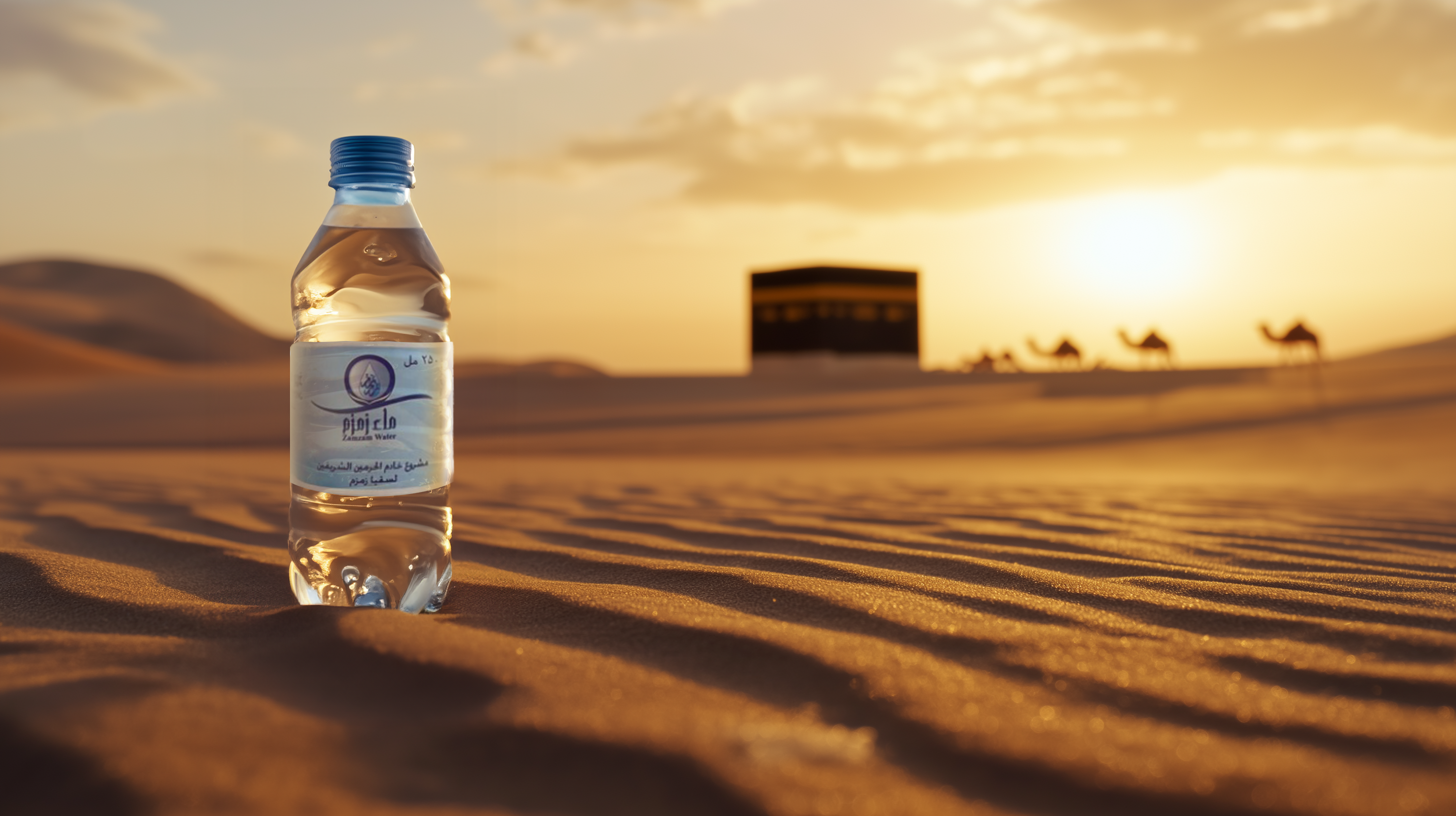 Pure Zamzam water bottle with Kaaba in the background at dawn.